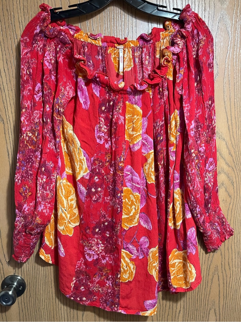 Free People Top in Red and Orange Floral with Off-Shoulder Silhouette